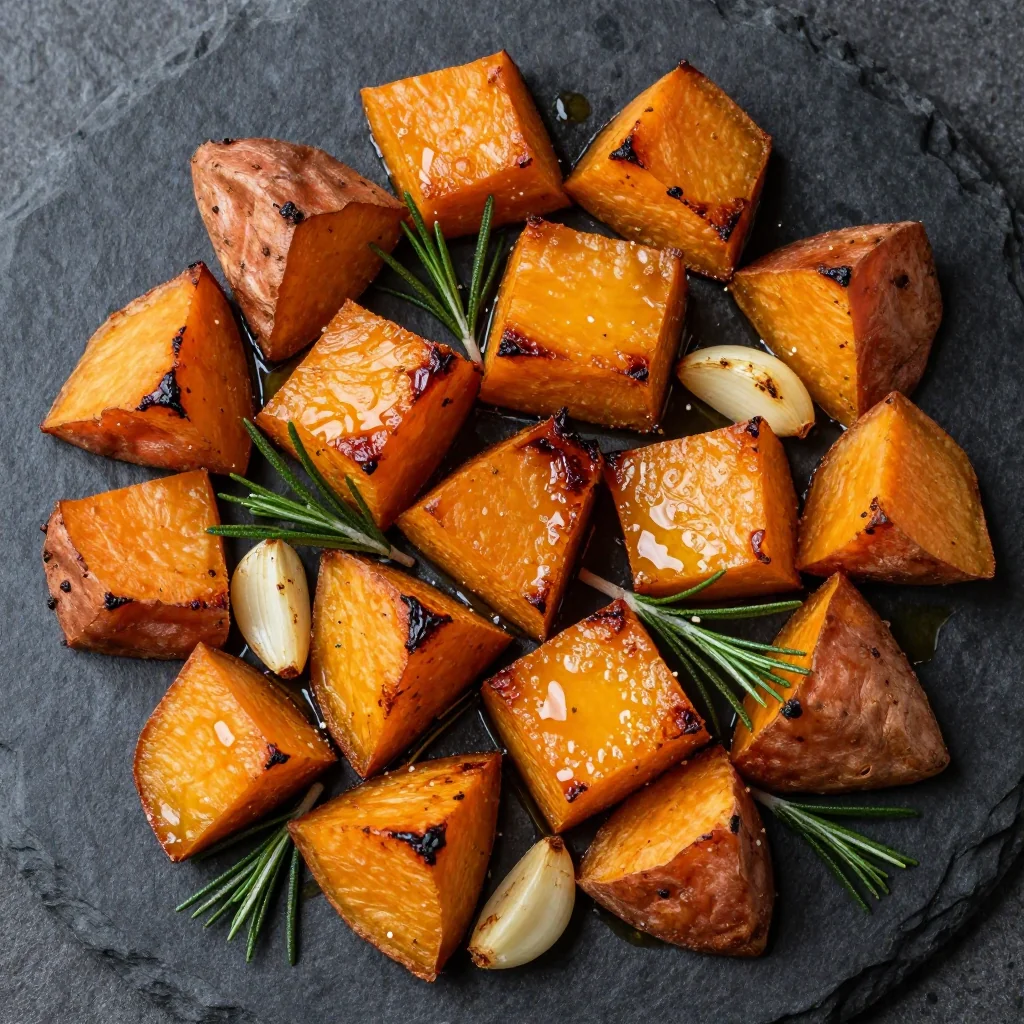 healthy meal prep roasted sweet potatoes with garlic and rosemary