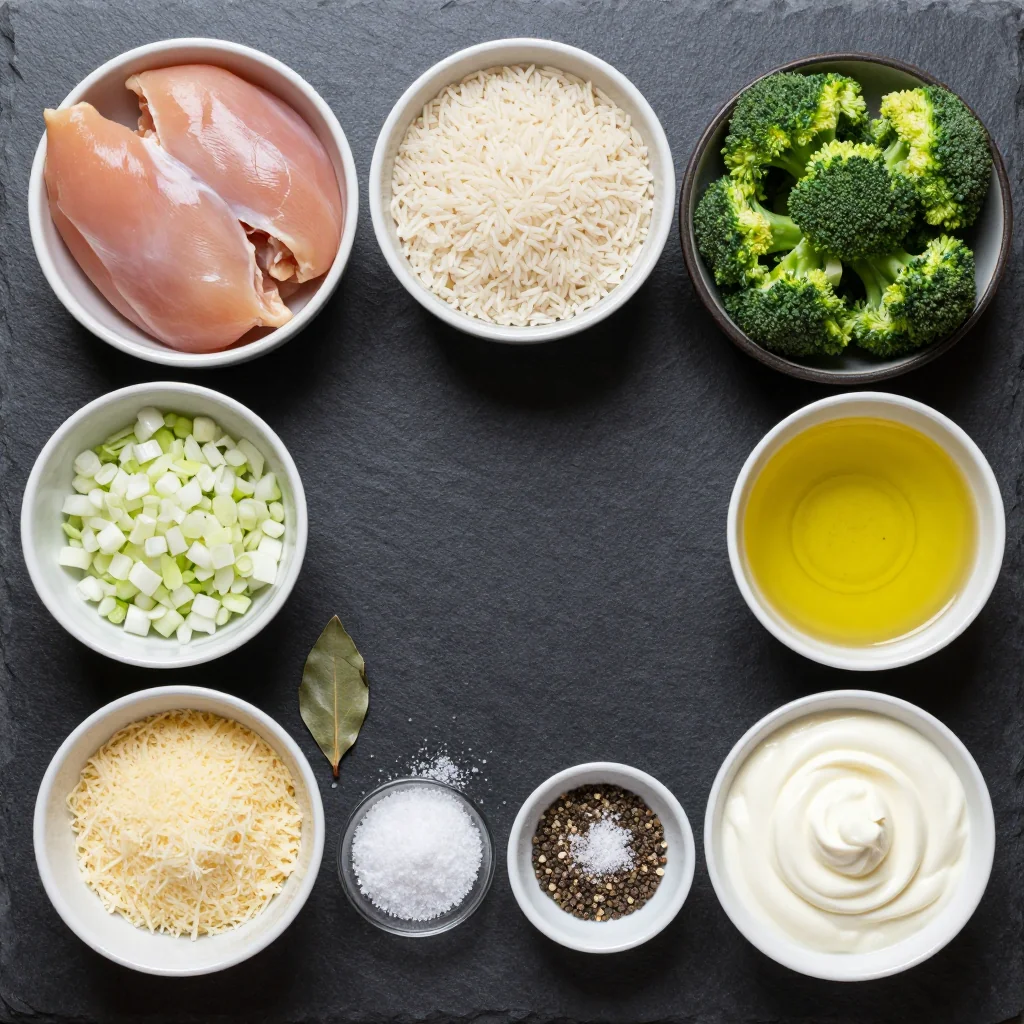 Easy One Pot Creamy Chicken and Broccoli with Rice ingredients