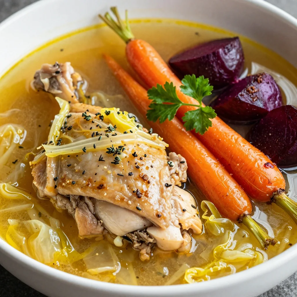 cozy one pot chicken and cabbage stew with roasted root vegetables