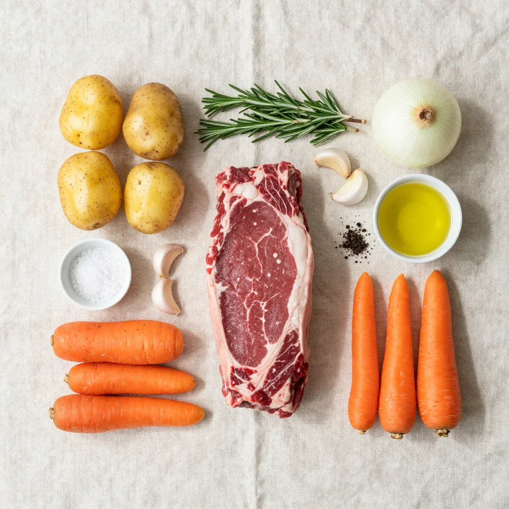All ingredients for Beef Roast with Potatoes Carrots and Onions