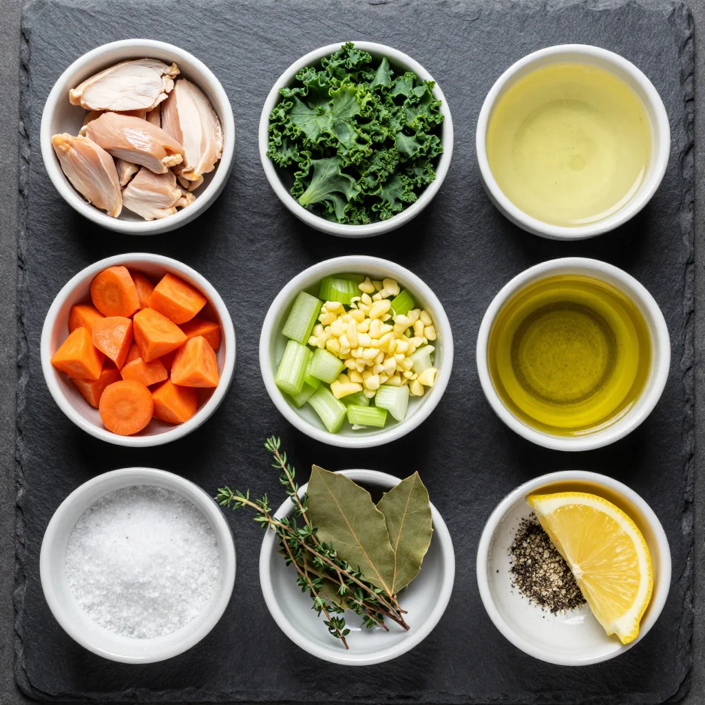 Fresh ingredients arranged for healthy chicken soup