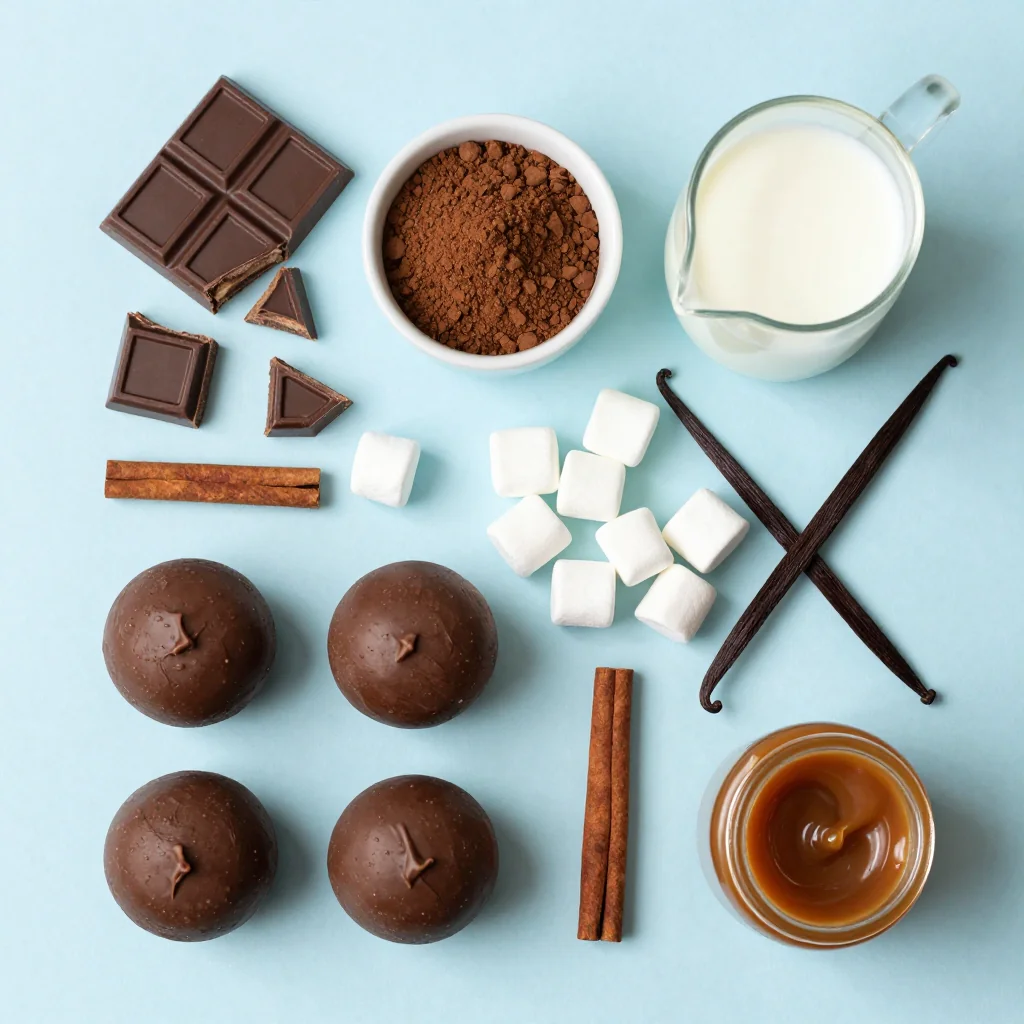 All ingredients laid out for Hot Chocolate Bombs with Marshmallows Inside