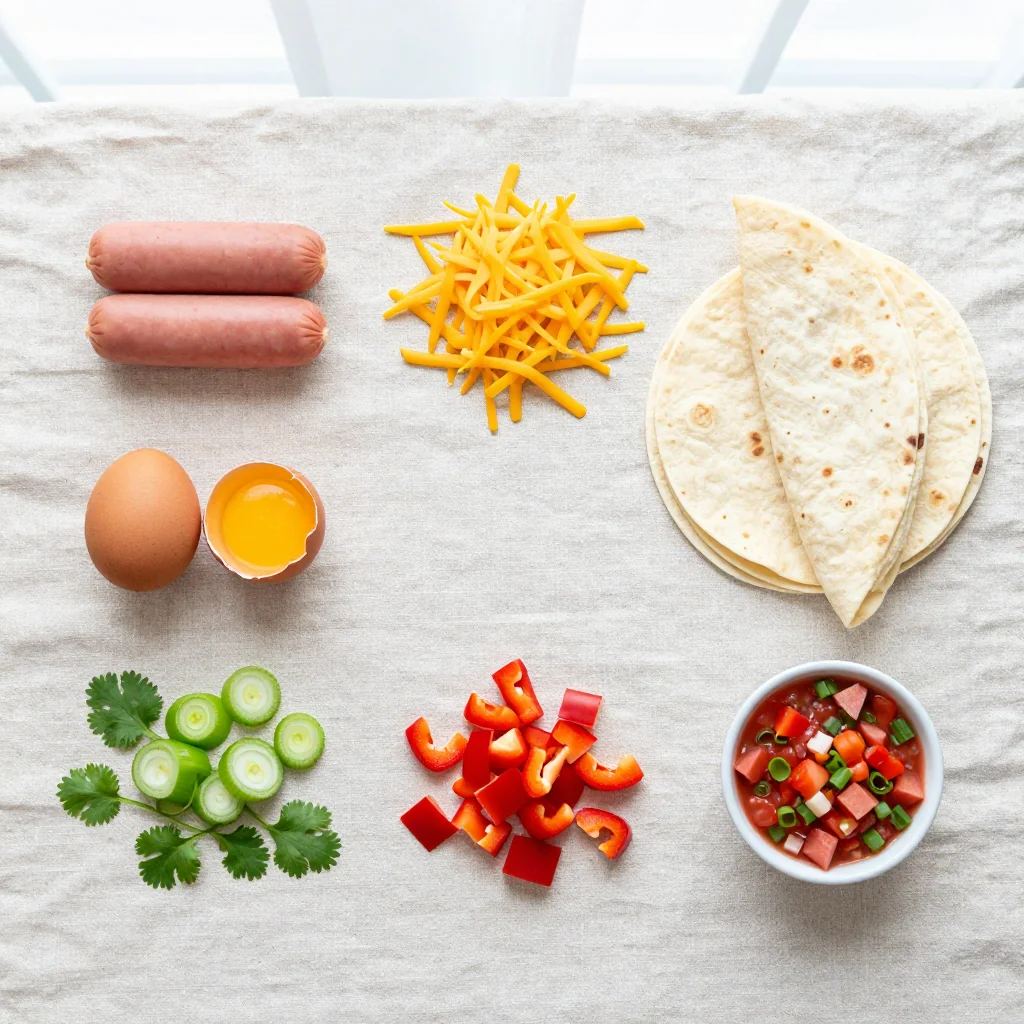 All ingredients for Breakfast Quesadillas with Sausage and Egg