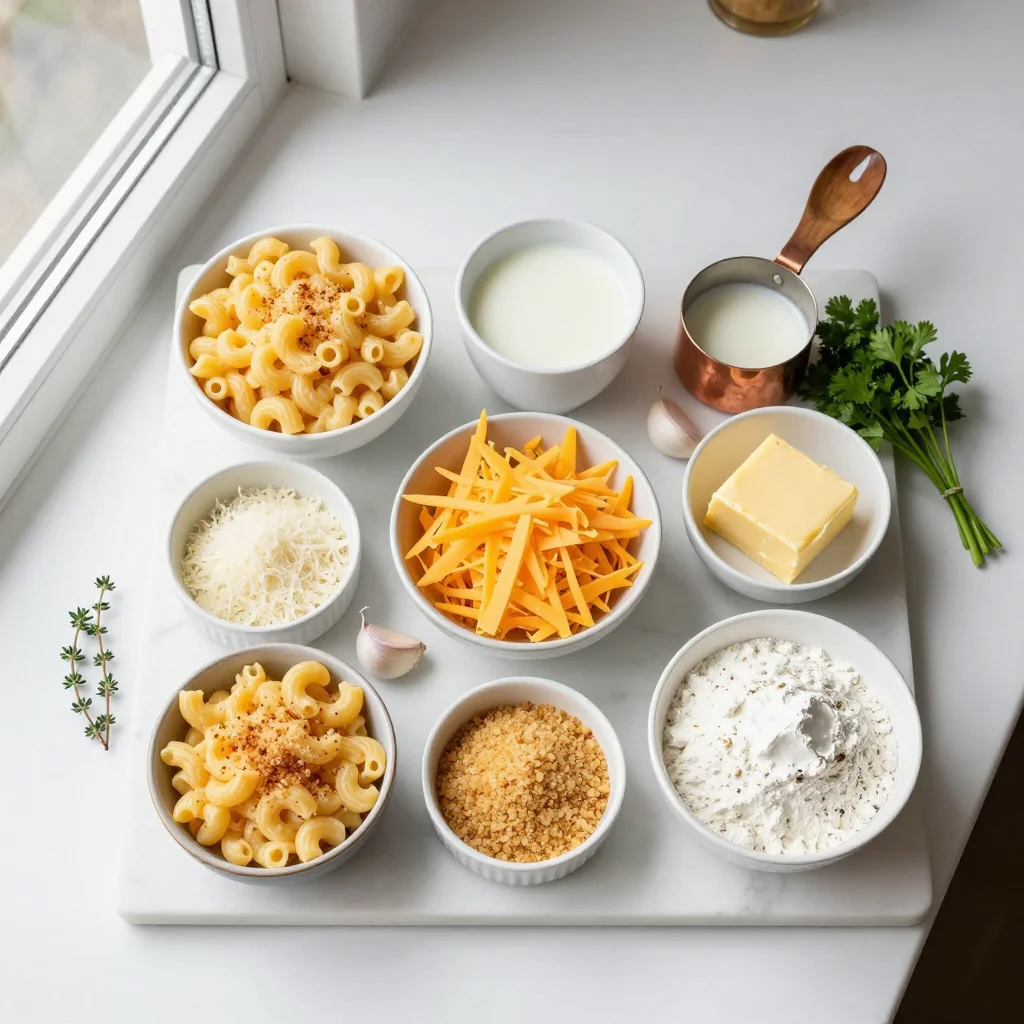 All ingredients for Creamy Mac and Cheese with Breadcrumbs