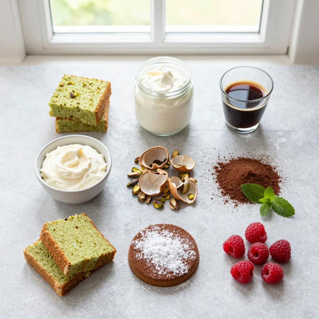 All ingredients for Cannoli Poke Cake arranged on a wooden board
