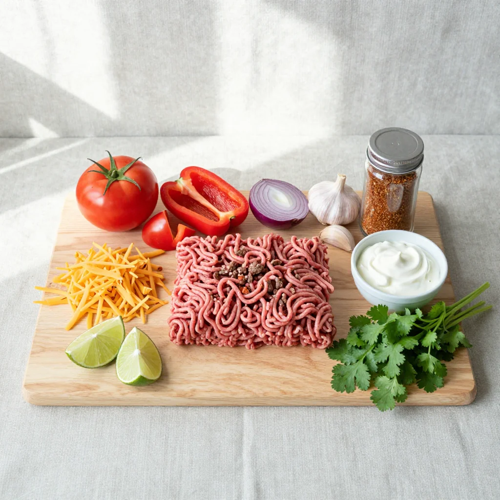 All ingredients laid out for Slow Cooker Taco Pasta with Ground Beef