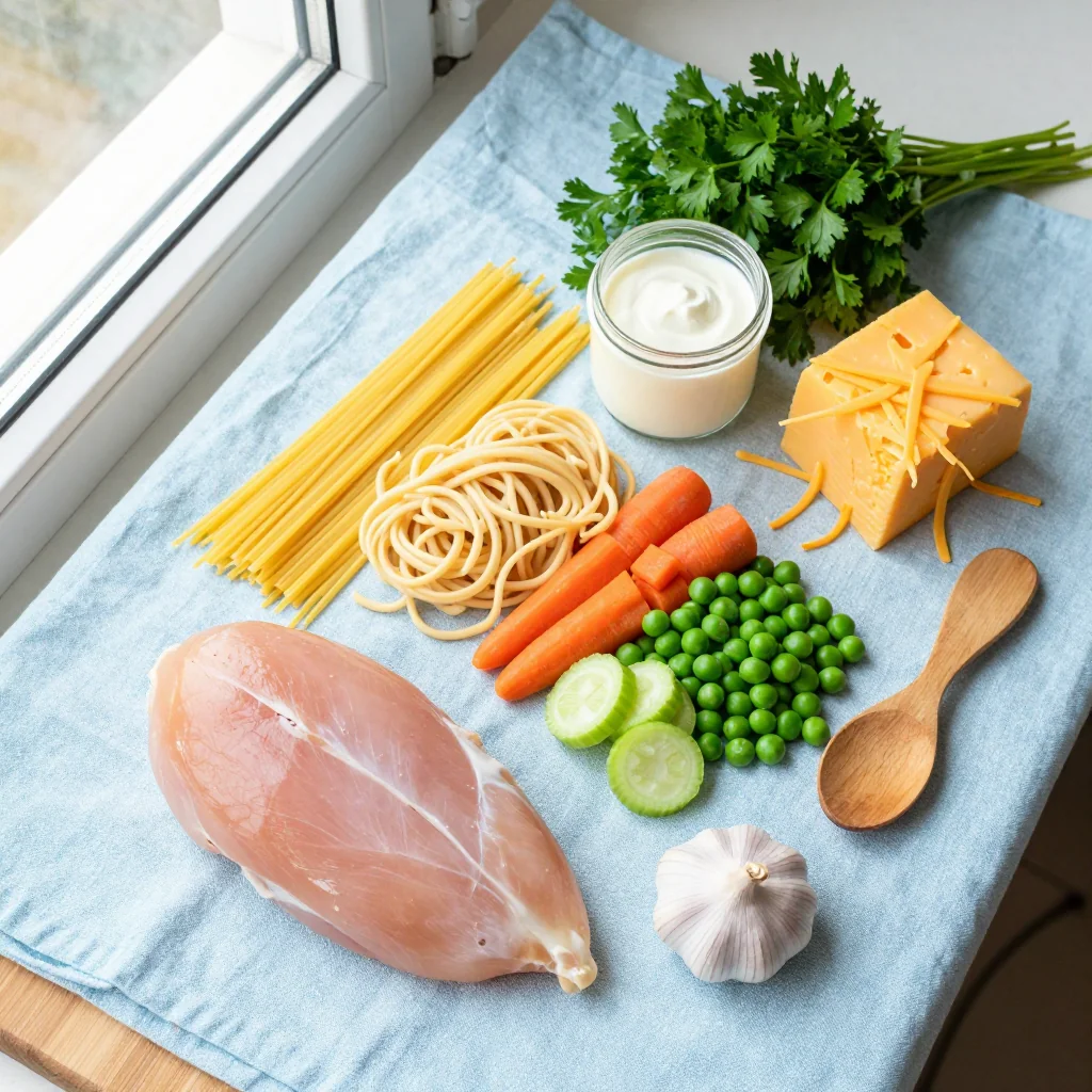 All ingredients laid out for Chicken Noodle Casserole