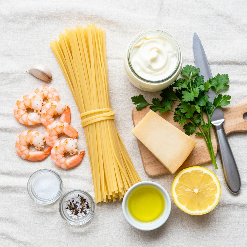 All ingredients for Creamy Garlic Shrimp Alfredo with Fettuccine