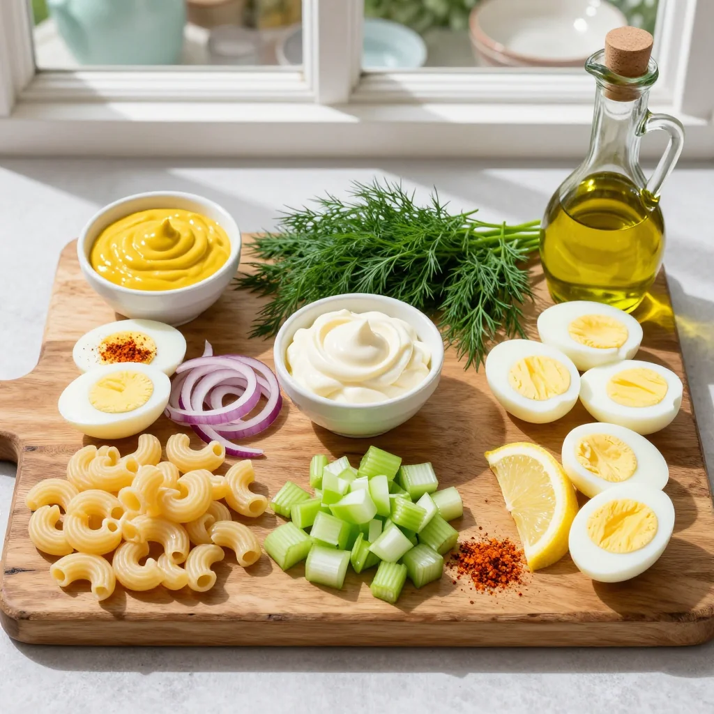 All ingredients for Creamy Macaroni Salad with Hard Boiled Eggs