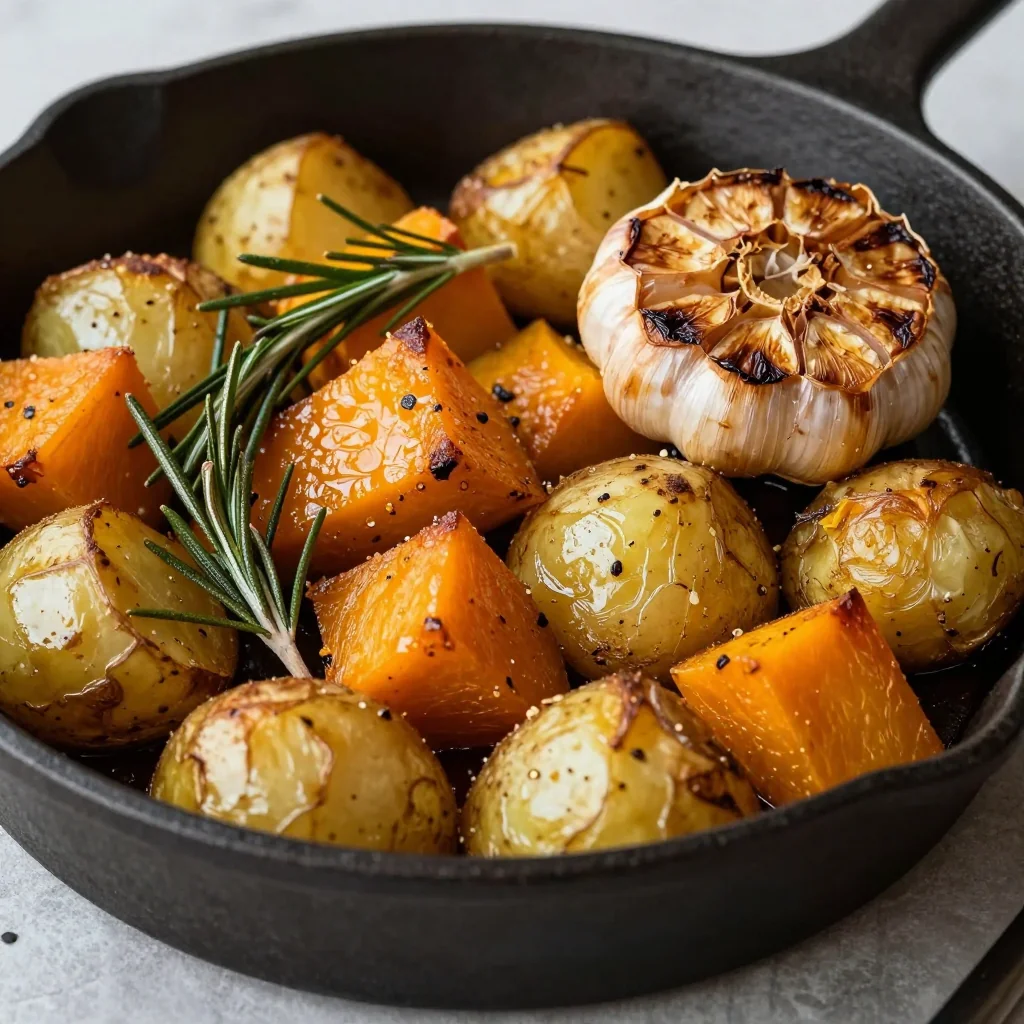one pot roasted garlic and rosemary potatoes with winter squash