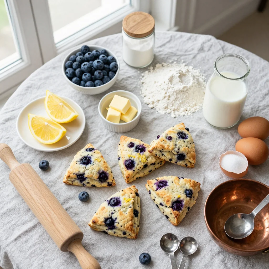 All ingredients for Blueberry Lemon Scones neatly arranged on a wooden board