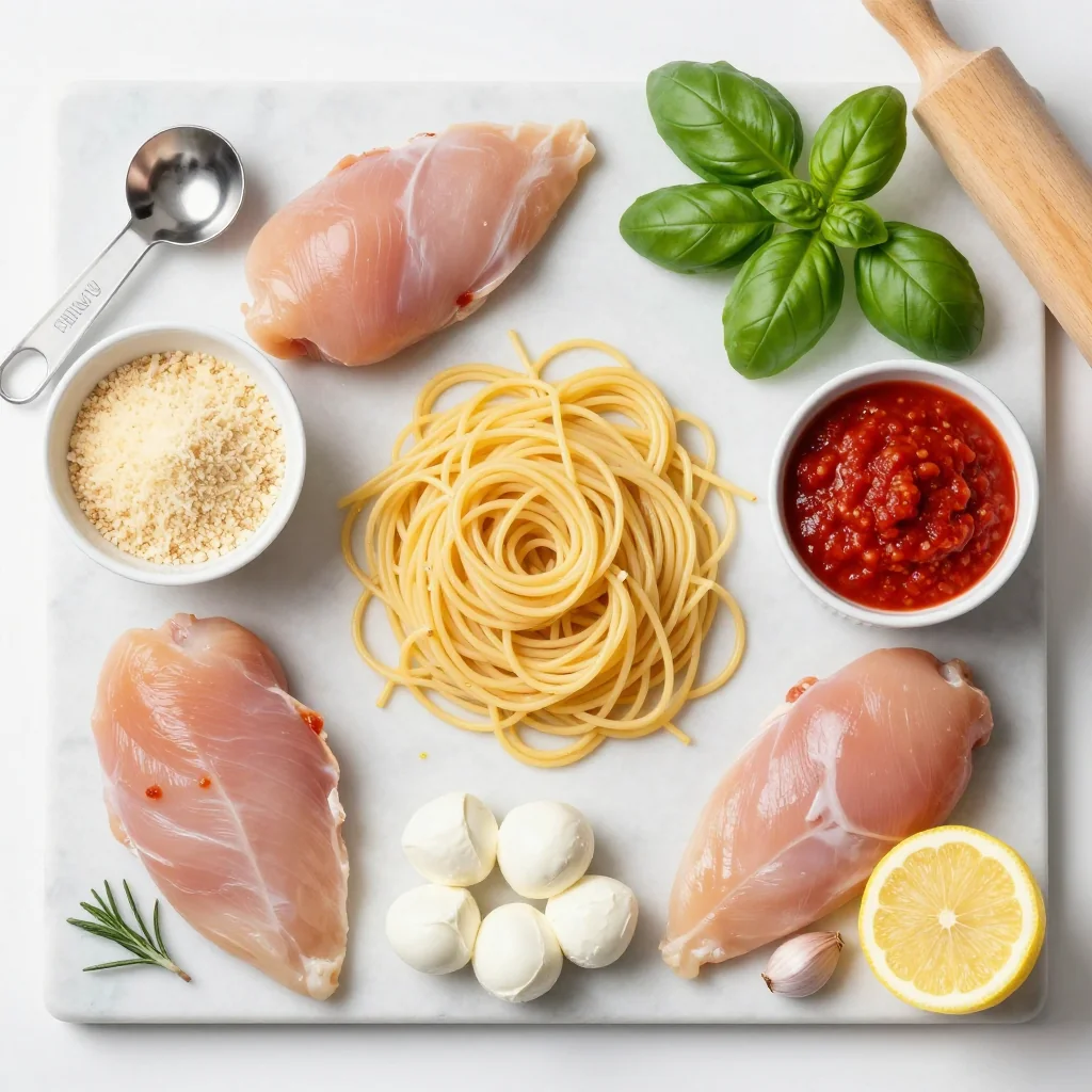 All ingredients laid out on a wooden board, ready for cooking
