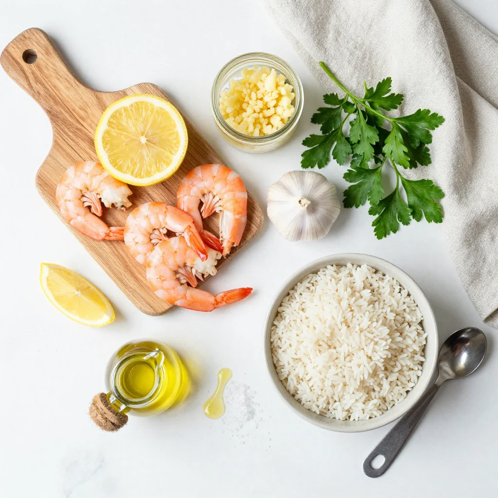 All ingredients for Lemon Garlic Shrimp with White Rice neatly arranged on a kitchen counter