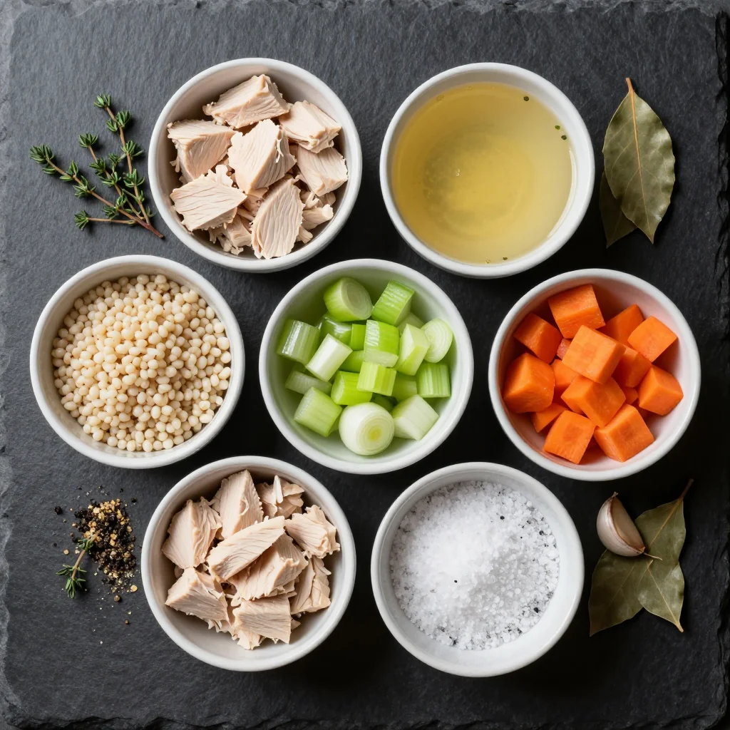 Fresh ingredients for hearty chicken barley soup arranged on wooden board