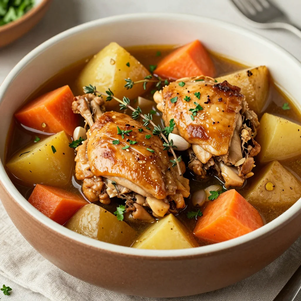 slow cooker chicken stew with root vegetables and garlic for family meals