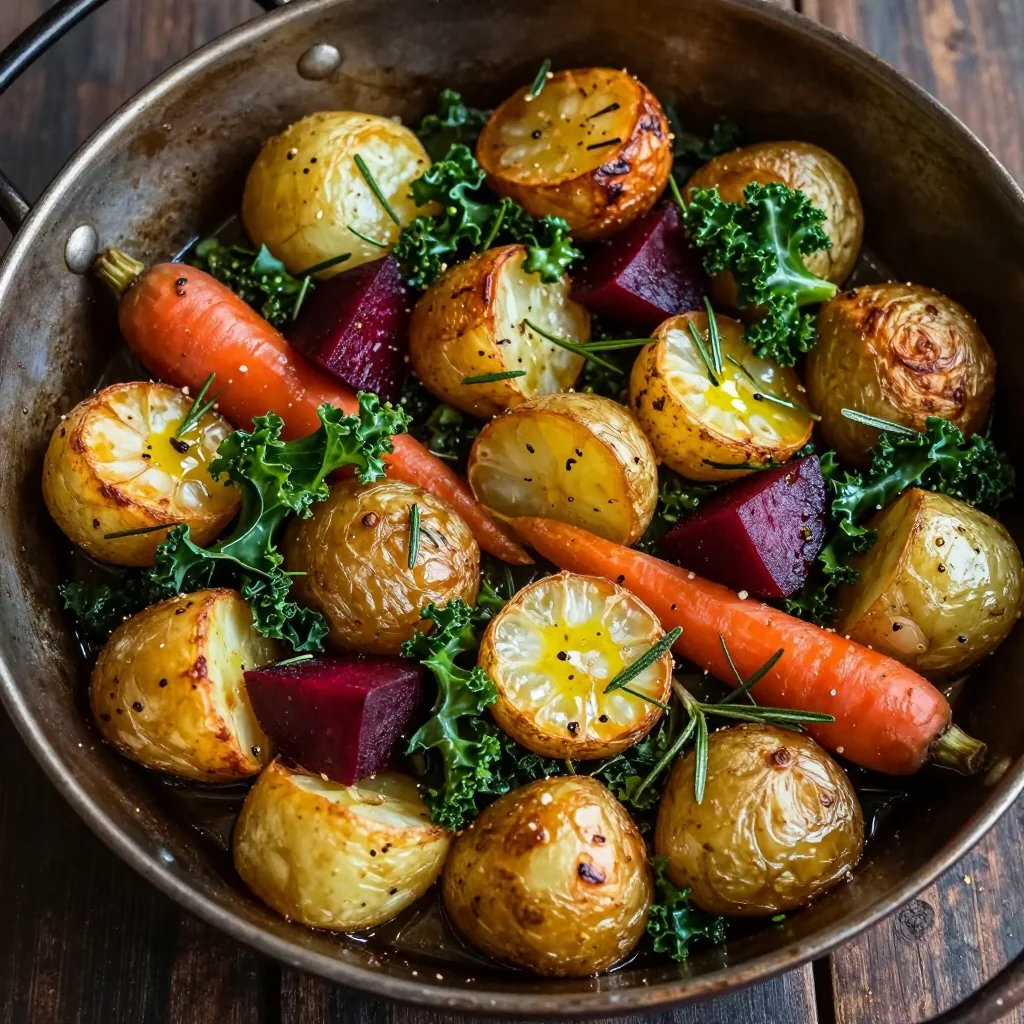 nutritious garlic roasted potatoes with kale and winter veggies