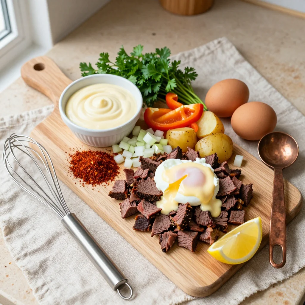 All ingredients for Corned Beef Hash with Poached Eggs and Hollandaise