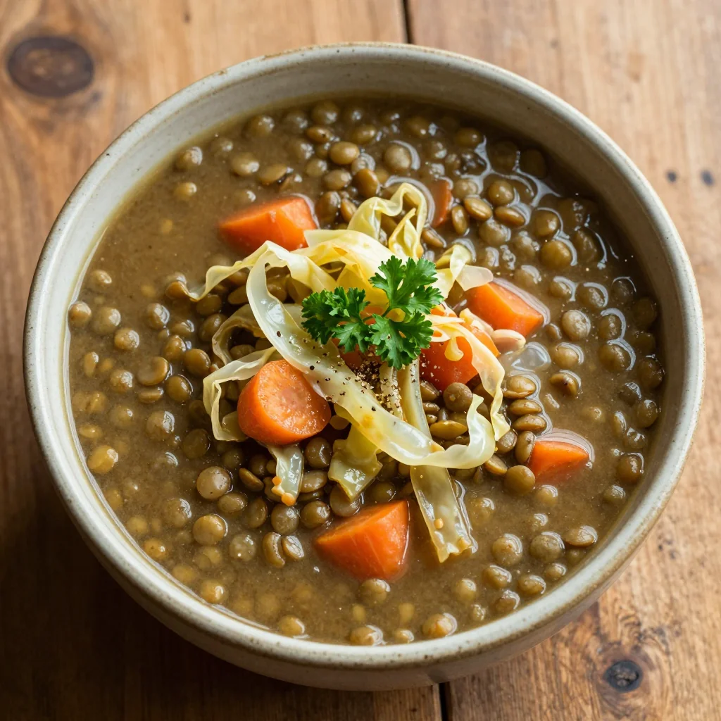 slow cooker vegetable and lentil soup with cabbage and carrots for cold days