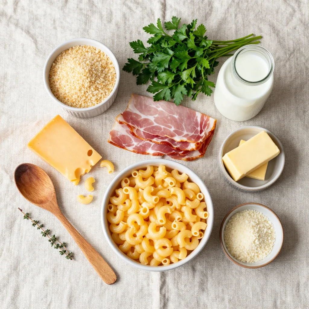 All ingredients for Creamy Macaroni and Cheese Baked with Ham