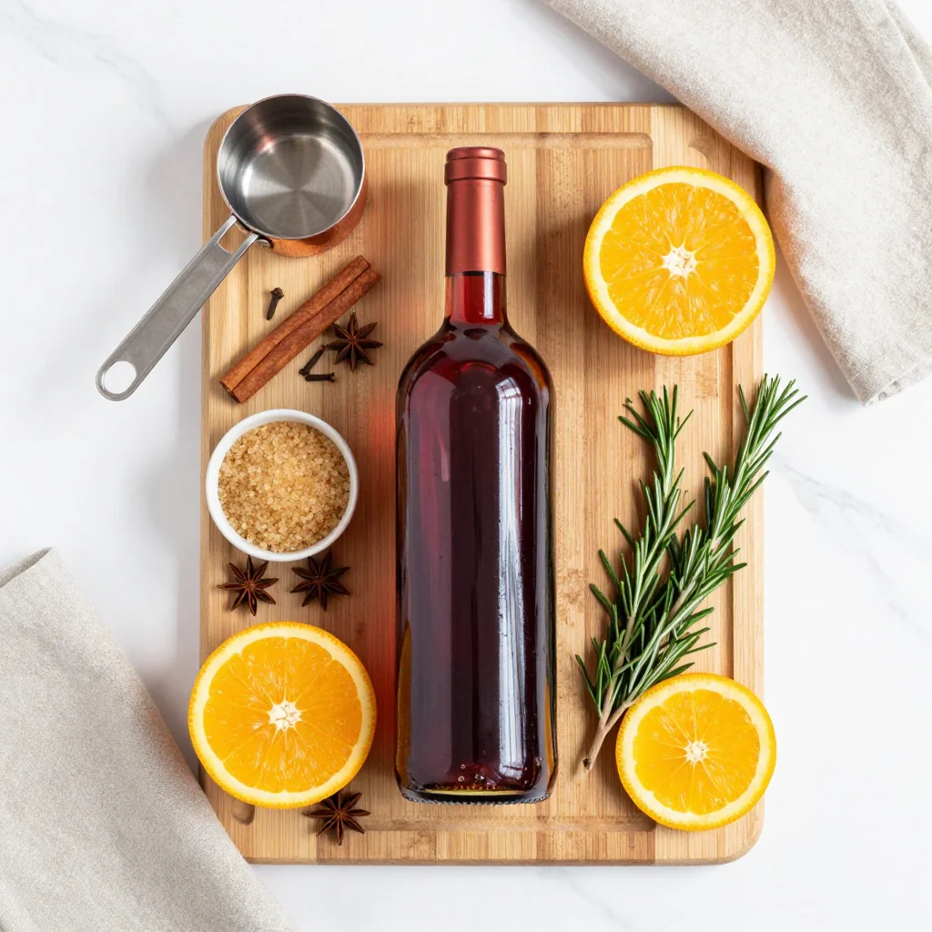All ingredients for Mulled Wine with Spices and Orange neatly arranged on a wooden board