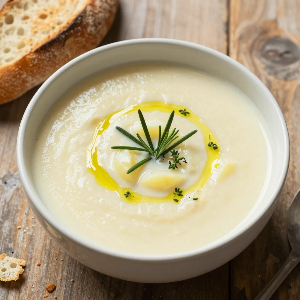cozy creamy potato and leek soup with fresh rosemary and thyme