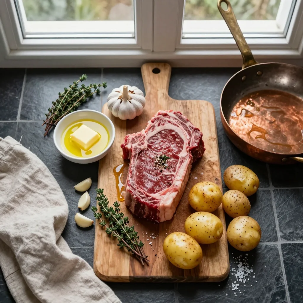 All ingredients for Garlic Butter Steak with Roasted Potatoes