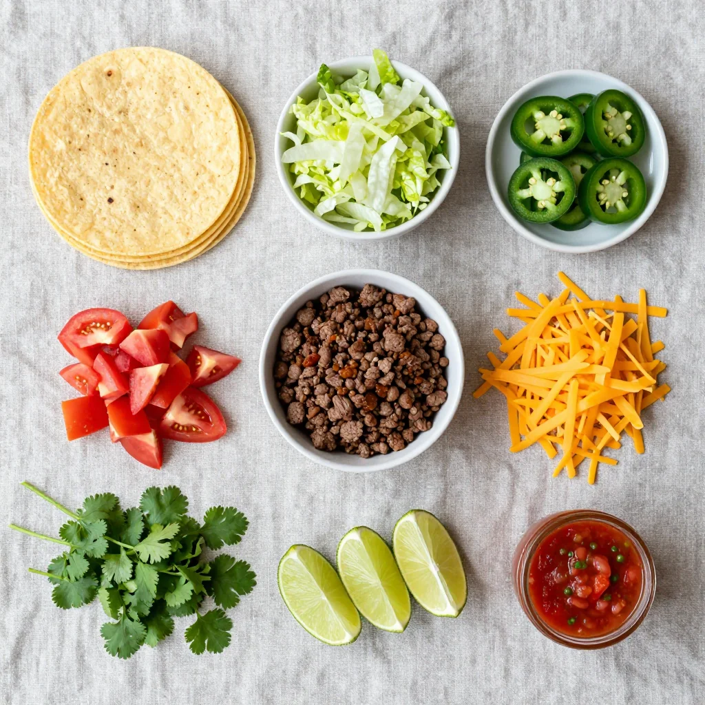 All ingredients neatly arranged for Tacos with Hard Shell