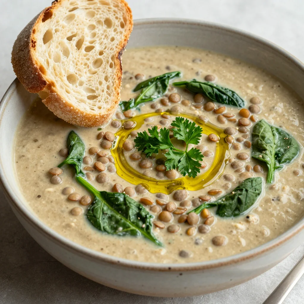 creamy slow cooker lentil soup with spinach and garlic for winter