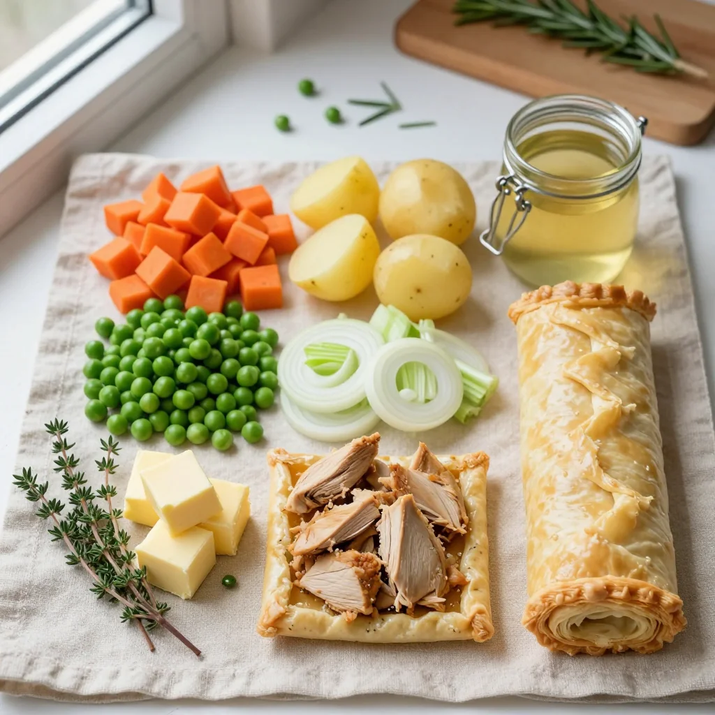 All ingredients for Chicken Pot Pie with Puff Pastry Crust