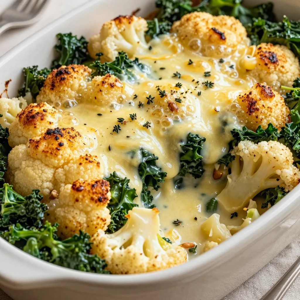 roasted cauliflower and kale gratin with gruyere for holiday casserole