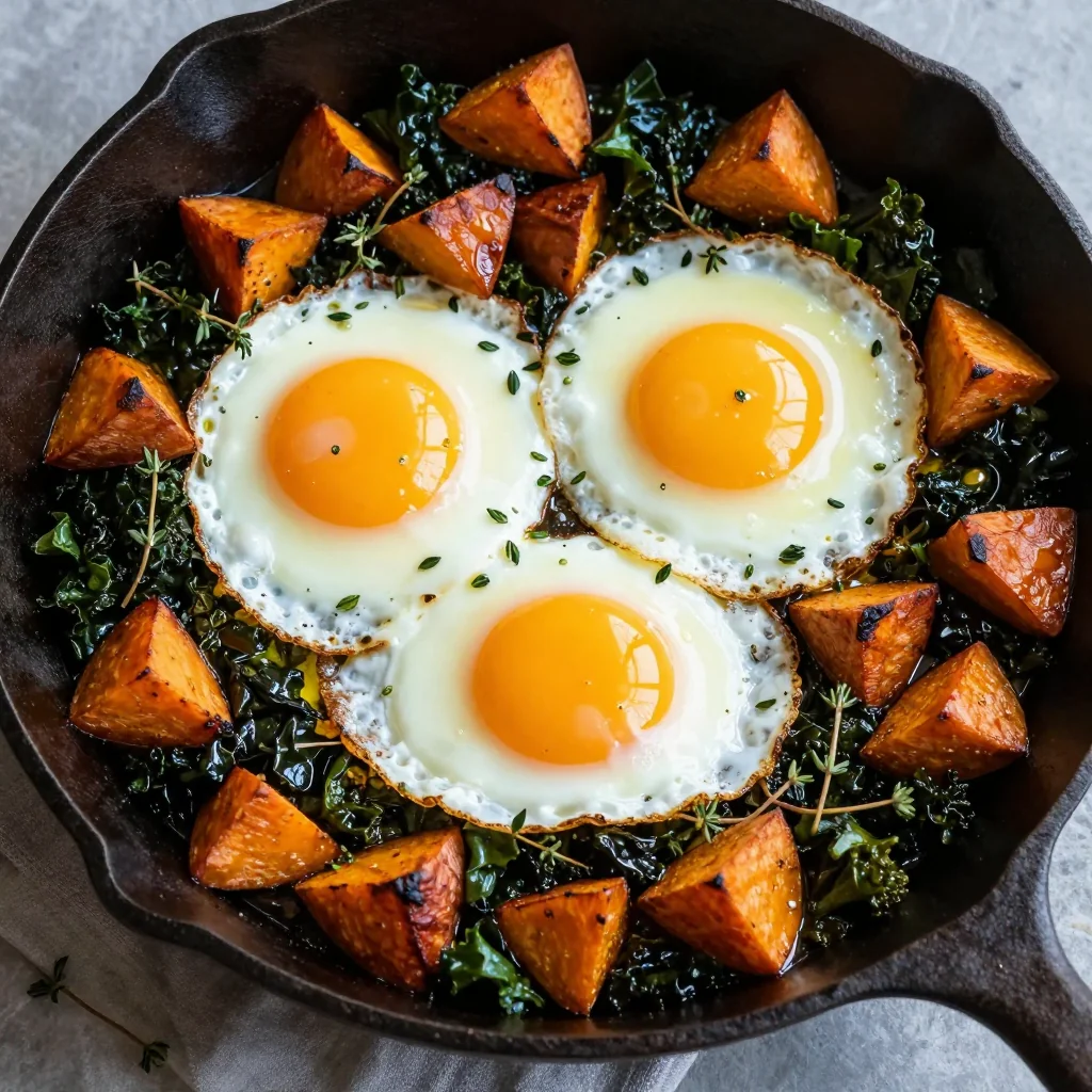 warm breakfast bake with sweet potatoes kale and eggs for slow mornings
