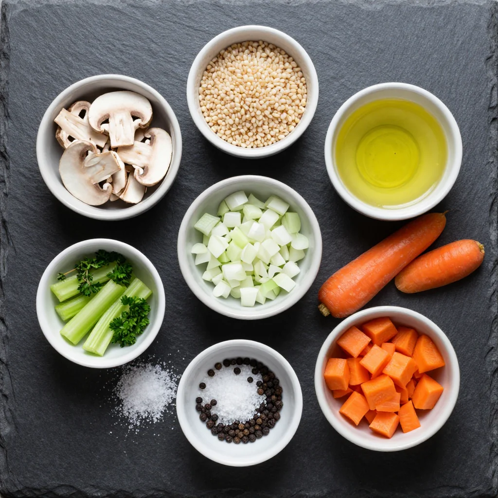 Mushrooms, barley, thyme, carrots, celery, onion, garlic, and dried porcini arranged on a wooden board