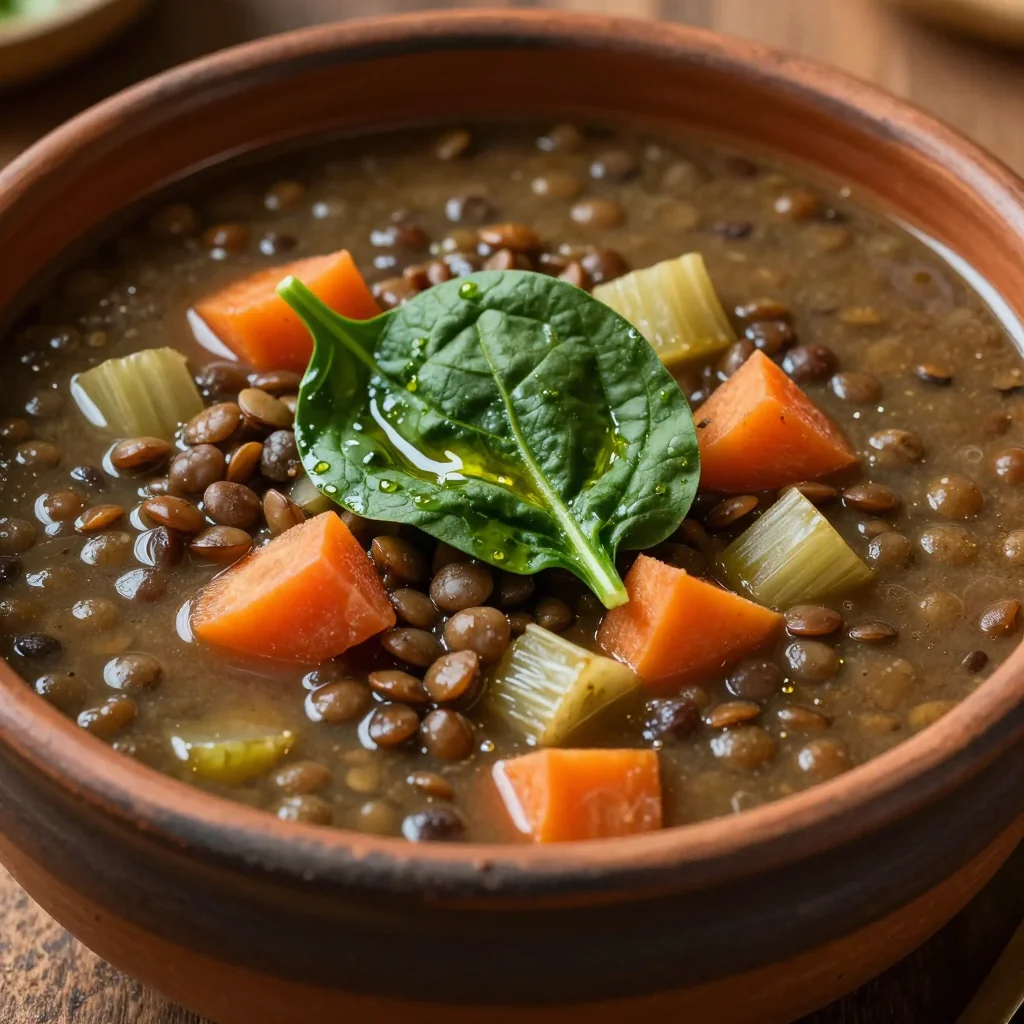 hearty lentil and winter vegetable soup with spinach for meal prep