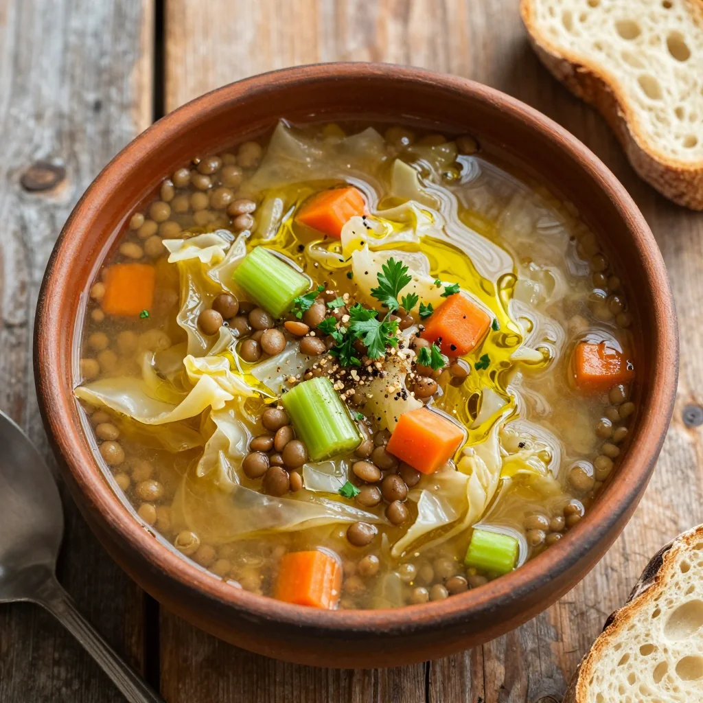 budget friendly cabbage and lentil soup with carrots and celery for family meals