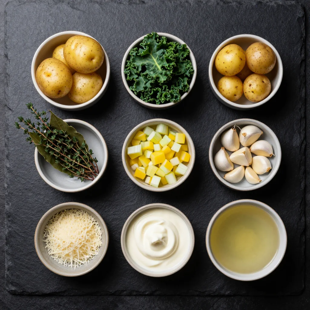 Ingredients for creamy potato and kale soup