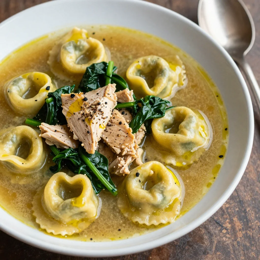 High Protein Creamy Tortellini Soup with Spinach and Chicken