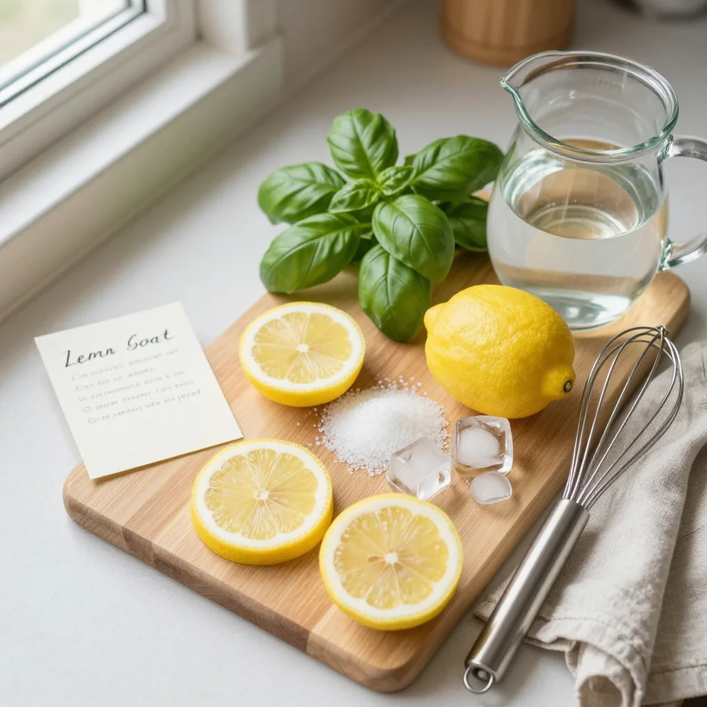 All ingredients for Lemon Sorbet with Fresh Basil Garnish neatly arranged on a wooden board
