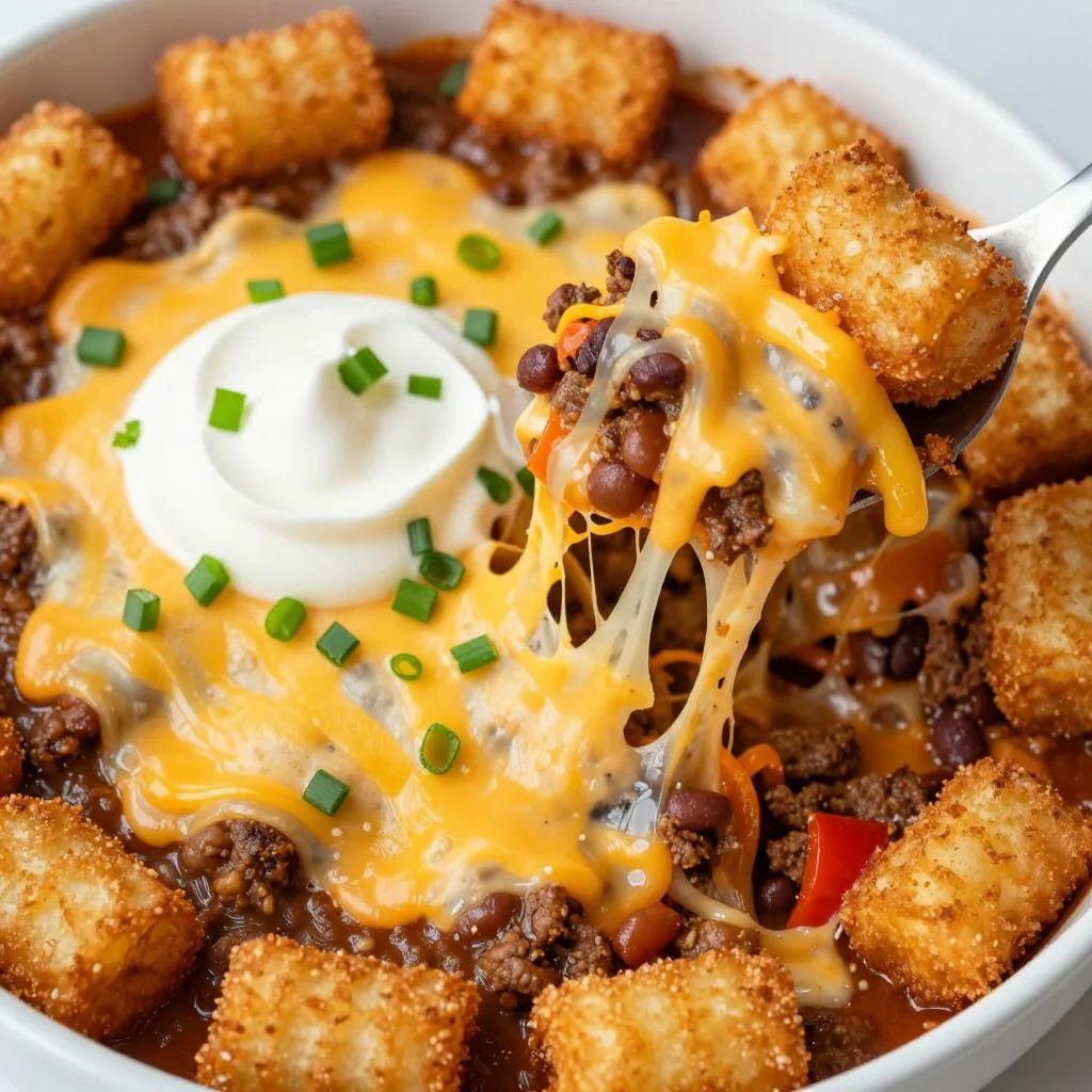 NFL Playoff Chili Cheese Tater Tot Casserole with Ground Beef and Cheese