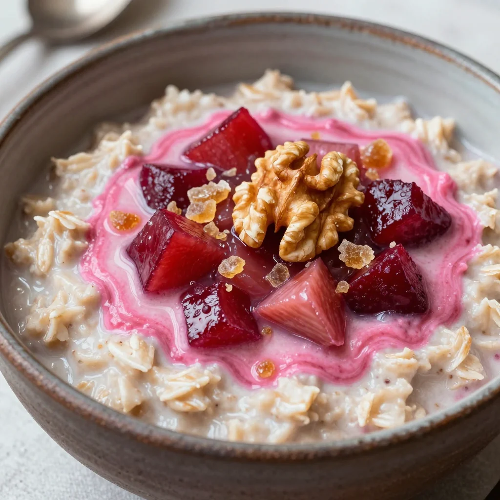 Healthy Warm Oatmeal with Stewed Rhubarb and Ginger