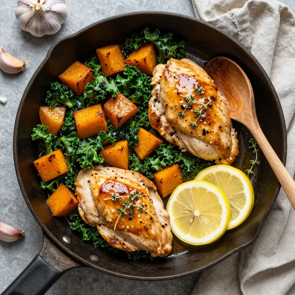one pot garlic lemon chicken with winter squash and kale for weeknight dinners
