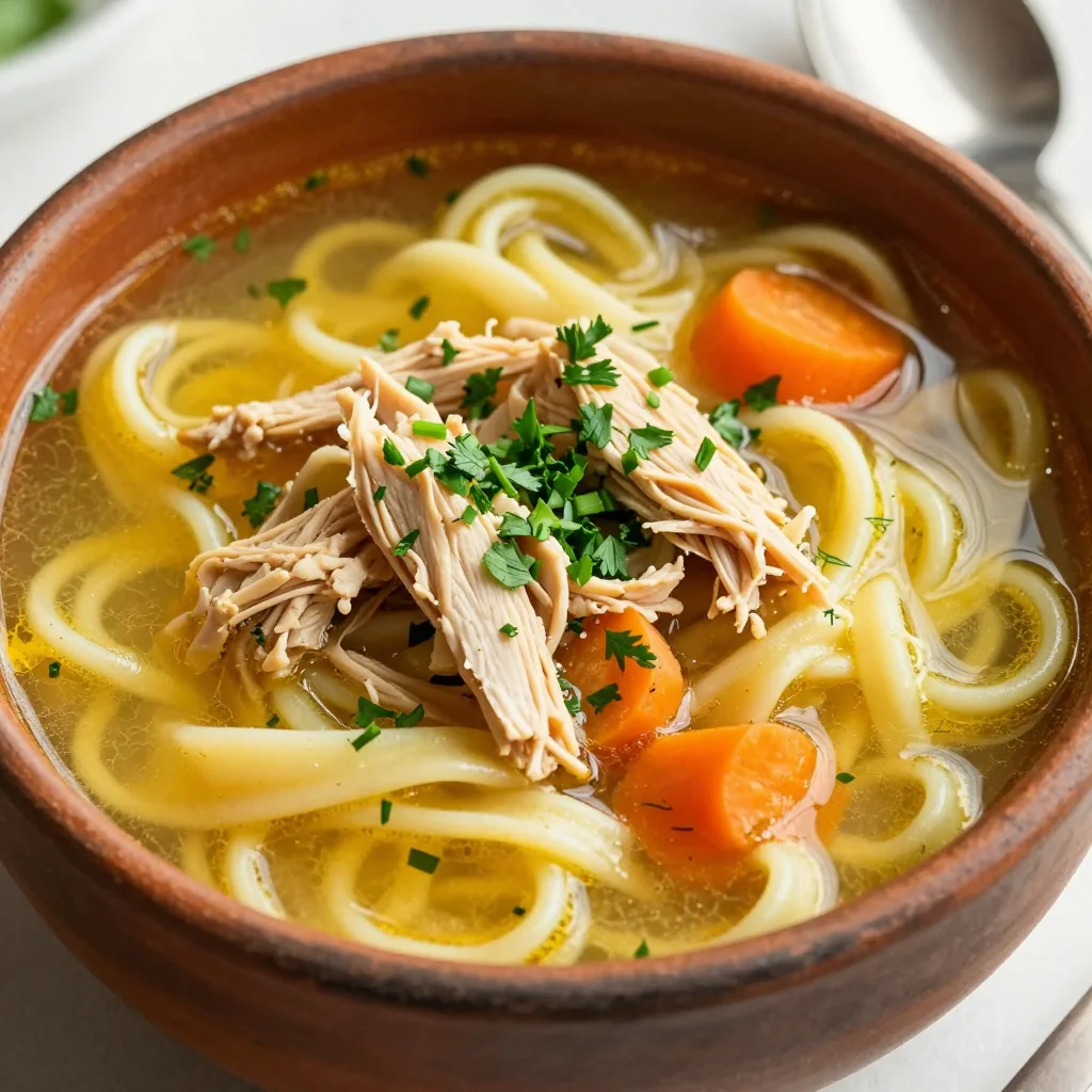 Warm Chicken and Noodle Soup with Herbs for a Sick Day Cure