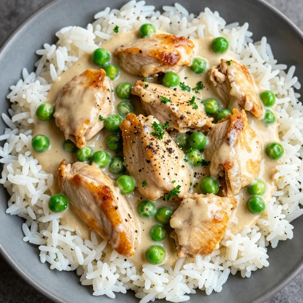 Pantry Clean Out Creamy Chicken and Rice with Peas