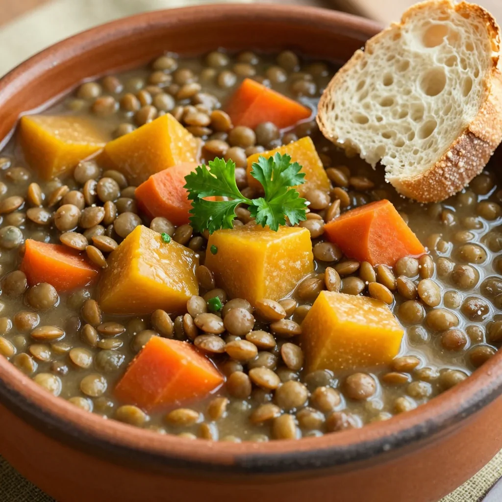 slow cooker high protein lentil stew with winter squash and carrots
