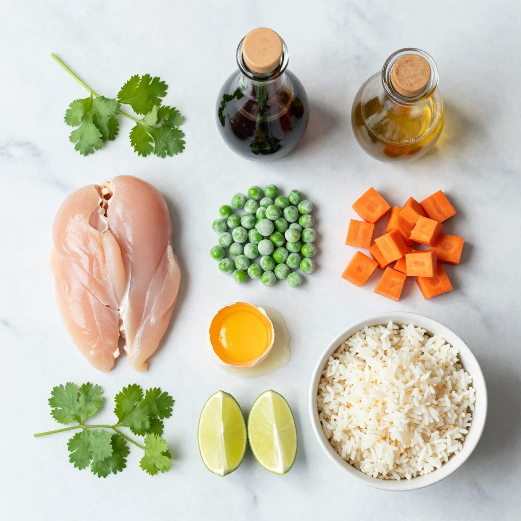 All ingredients for Fried Rice with Chicken Egg and Peas laid out on a wooden board