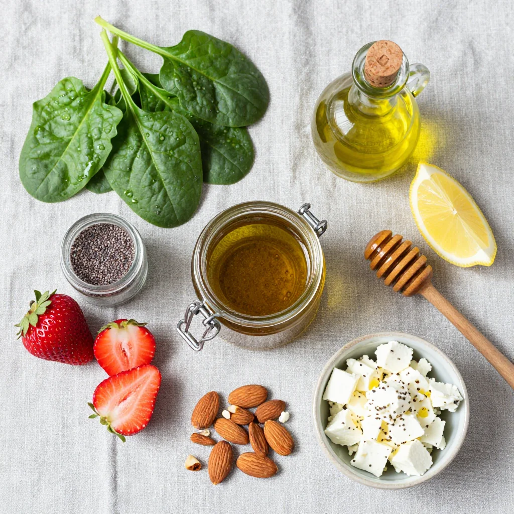 All ingredients for Strawberry Spinach Salad with Poppy Seed Vinaigrette