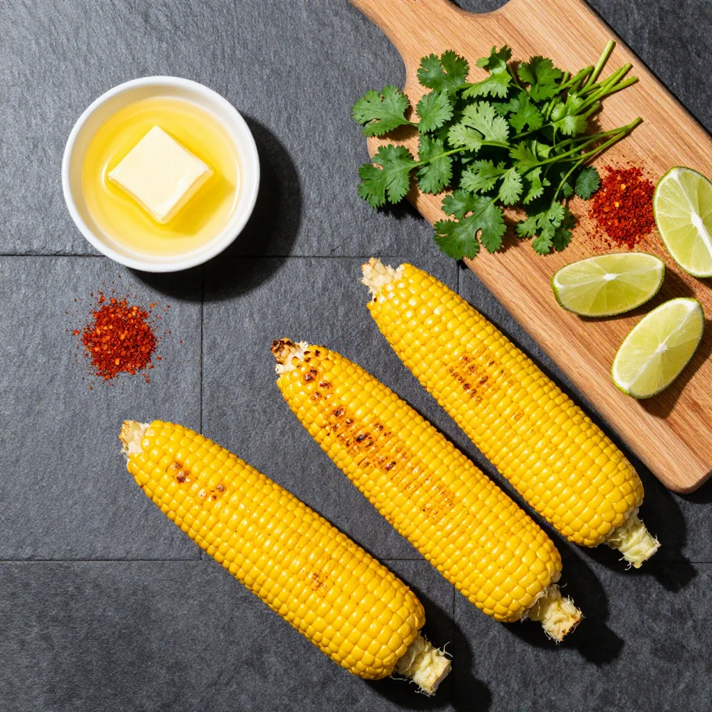 All ingredients for Grilled Corn on the Cob laid out on a wooden board
