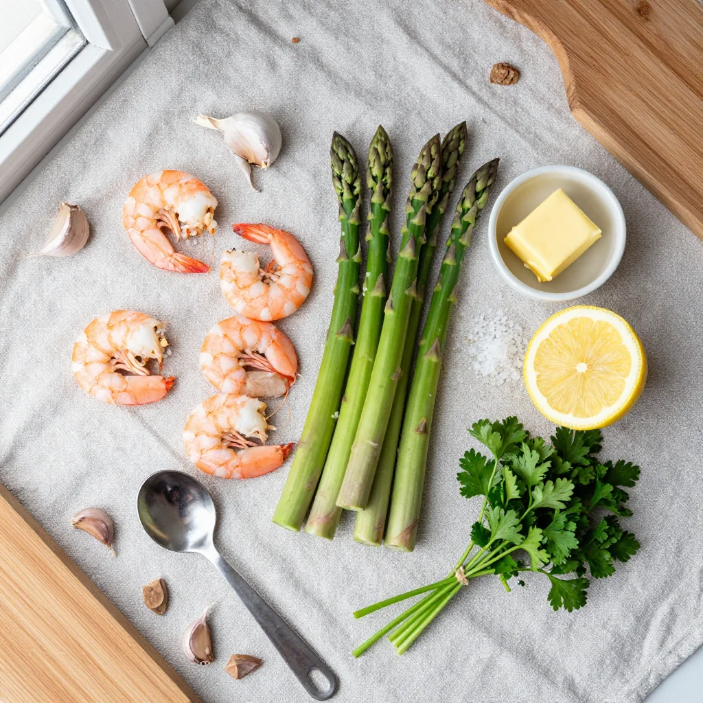 All ingredients for Garlic Butter Shrimp with Asparagus Sheet Pan