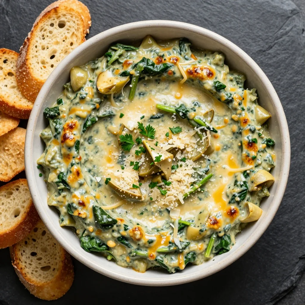savory spinach and artichoke dip with garlic and parmesan cheese