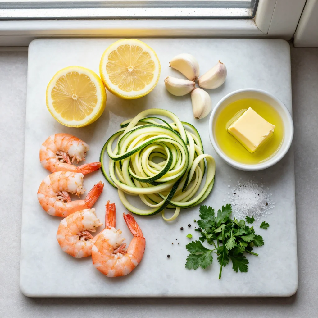 All ingredients laid out for Lemon Garlic Butter Shrimp with Zucchini Noodles