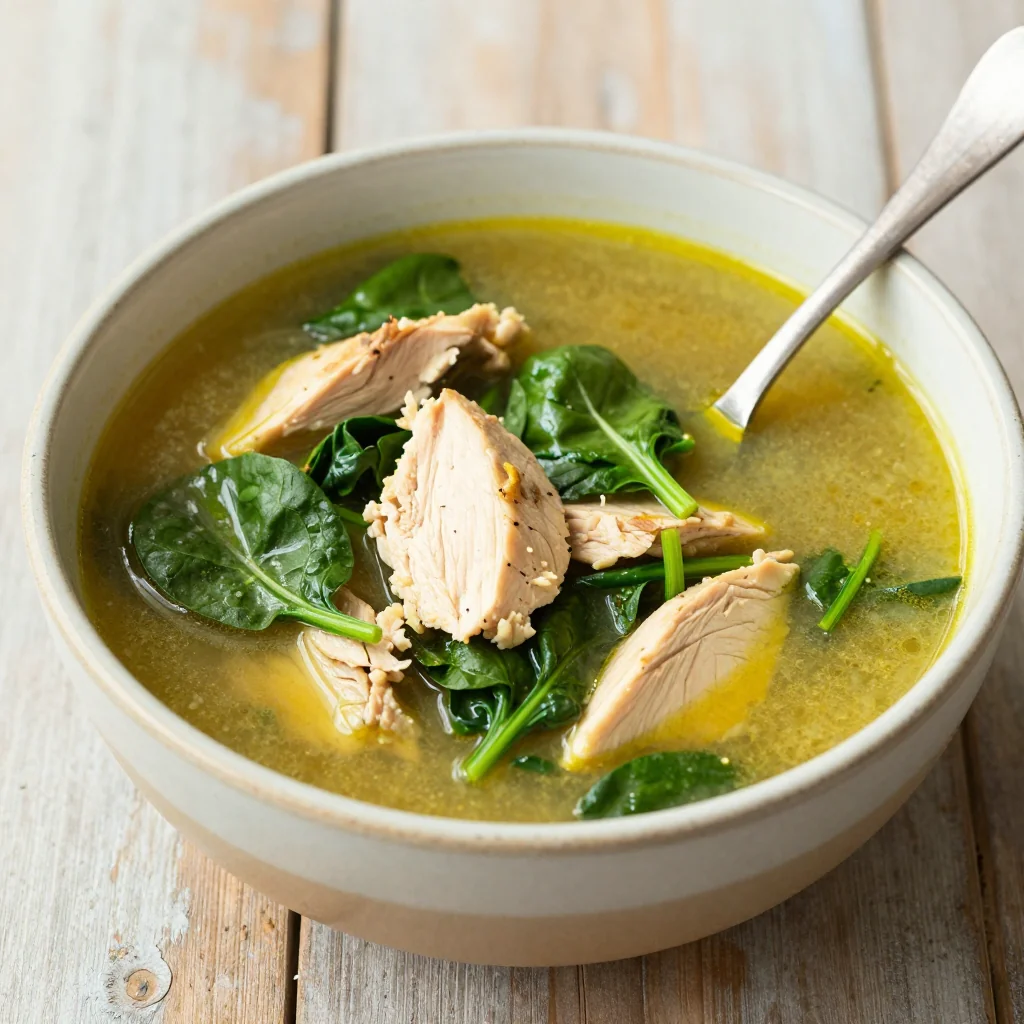 high protein chicken and spinach soup with lemon for clean eating